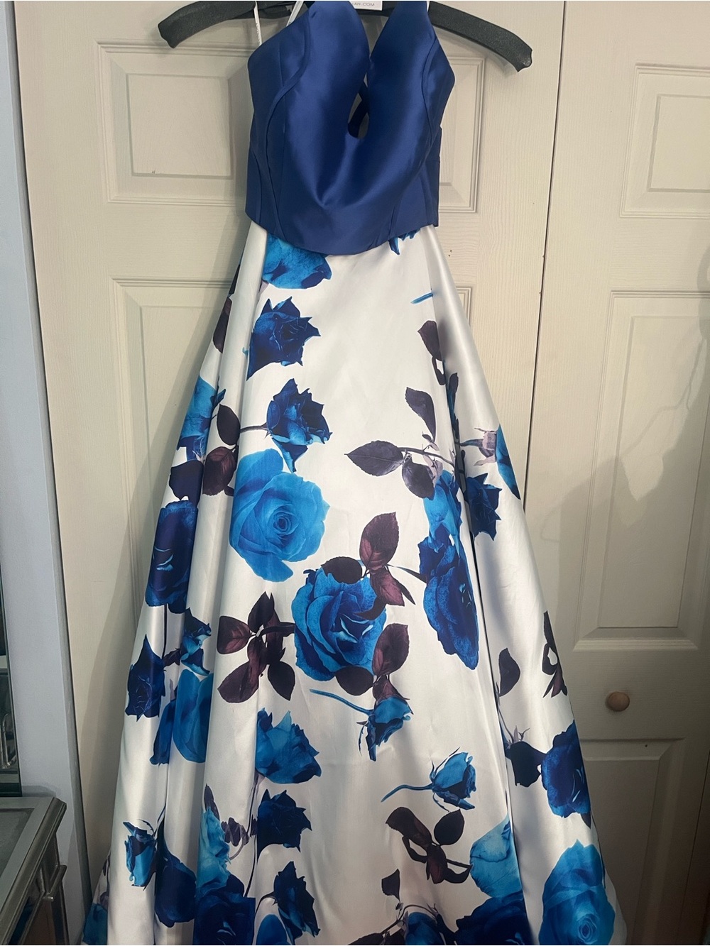 Rachel Allan Royal Blue and White Floral Prom Gown